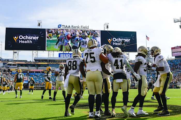 Sep 12, 2021; Jacksonville, Florida, USA; Saints running back Alvin Kamara (41) reacts after scoring a second quarter touchdown against the Packers at TIAA Bank Field. Mandatory Credit: Tommy Gilligan-USA TODAY Sports
